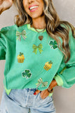 Bright Green Twisted Rib St Patricks Day Sequin Patch Graphic Long Sleeve Top - Aaria Tees Aaria Tees