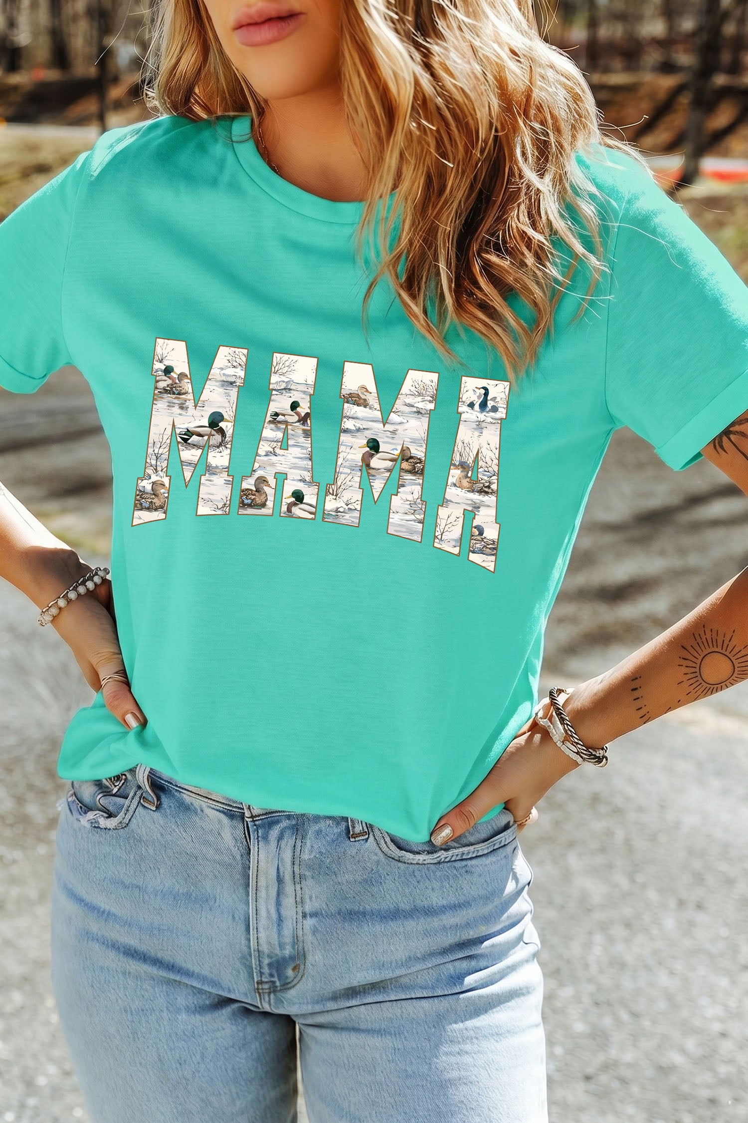 Mint Green Mallard Duck Print MAMA Lettering Graphic T Shirt - Aaria Tees Aaria Tees