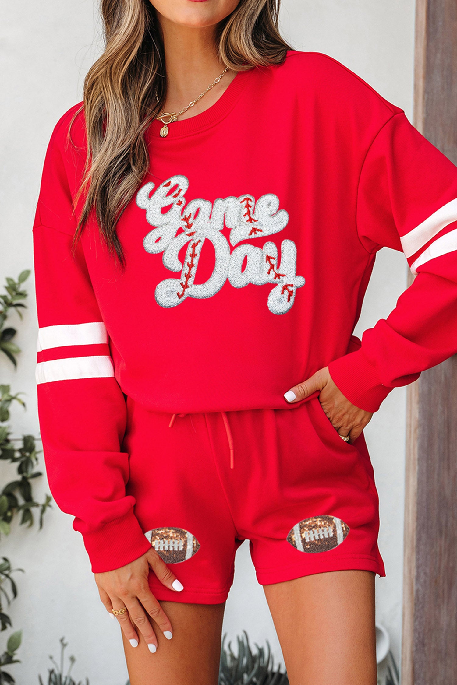 Fiery Red Glitter Game Day Slogan Football Patch Varsity Graphic Two Piece Set - Aaria Tees Aaria Tees