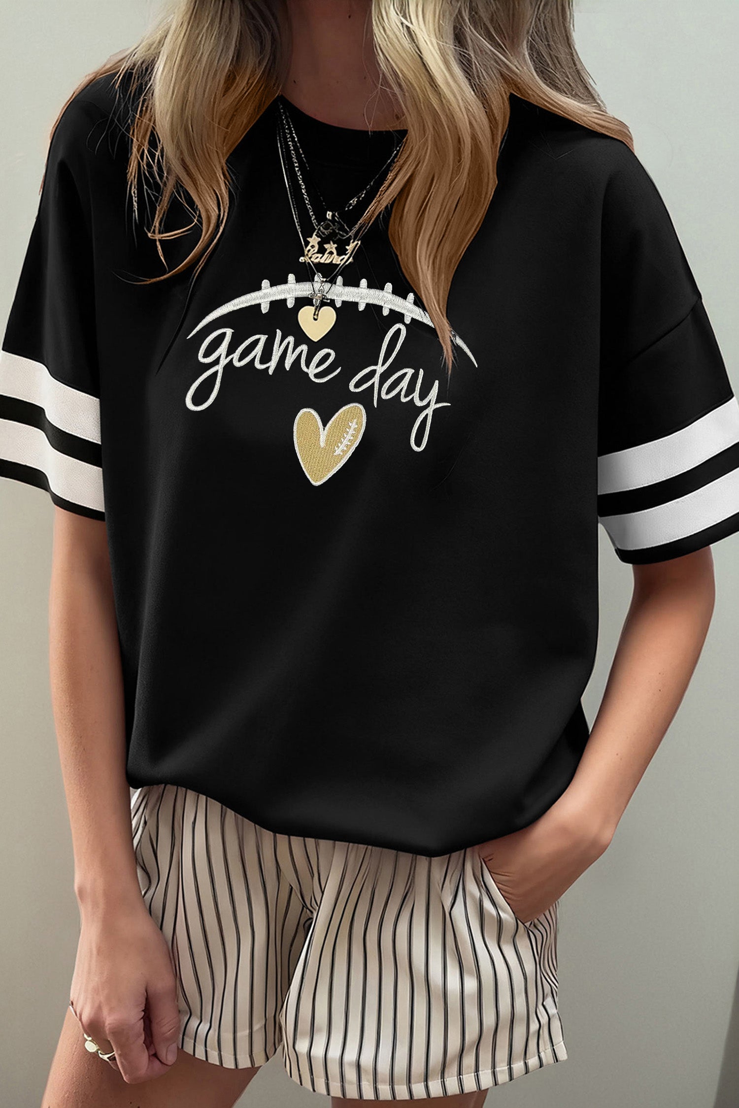 Black Game Day Embroidered Heart Pattern Varsity Casual T Shirt - Aaria Tees Aaria Tees