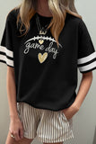 Black Game Day Embroidered Heart Pattern Varsity Casual T Shirt - Aaria Tees Aaria Tees