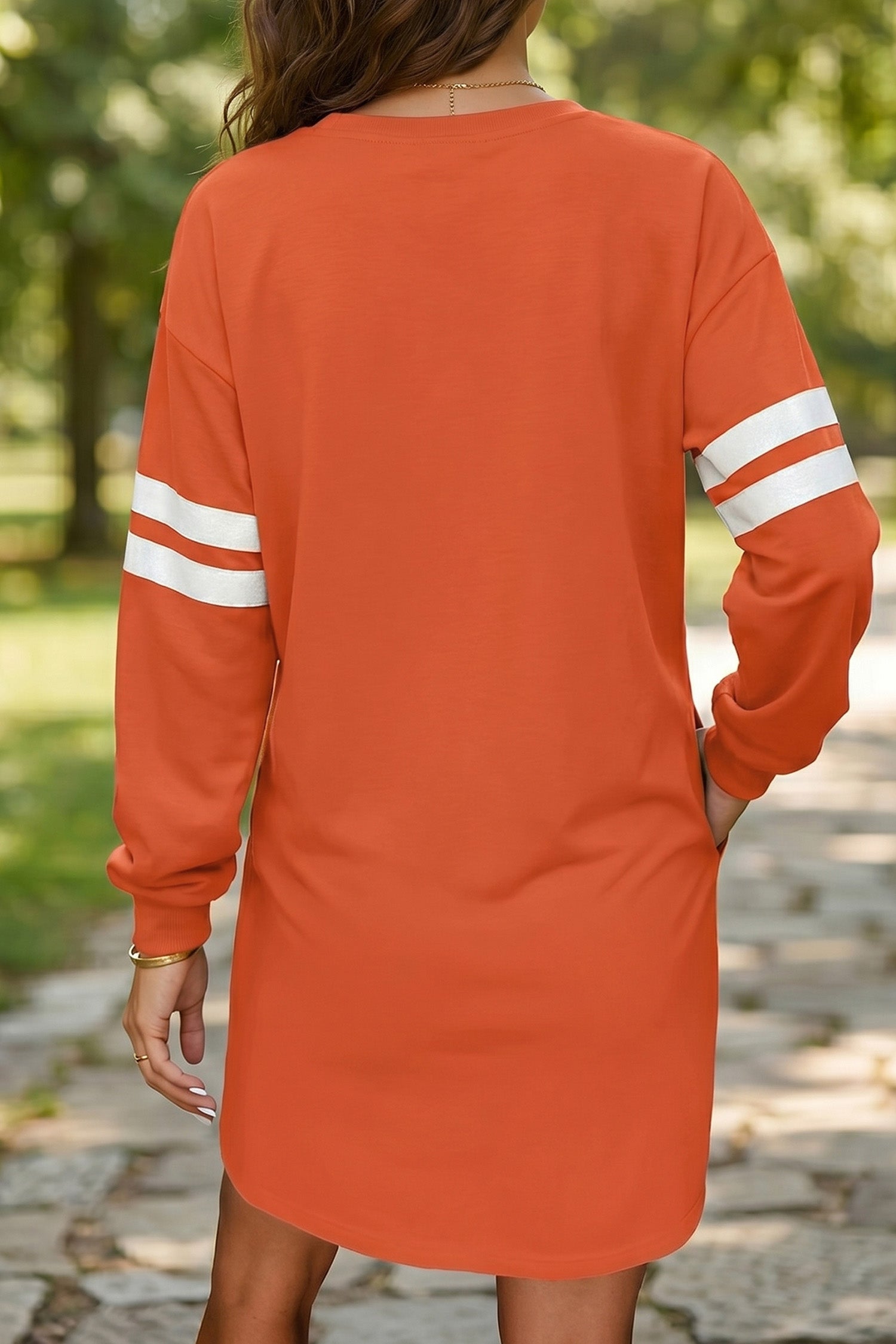 Orange Leopard Print Pumpkin Graphic Varsity Striped Long Sleeve Tunic Dress - Aaria Tees Aaria Tees