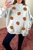 Light Grey Sequined Halloween Pumpkin Graphic Exposed Seam Mock Neck Sweatshirt Aaria Tees