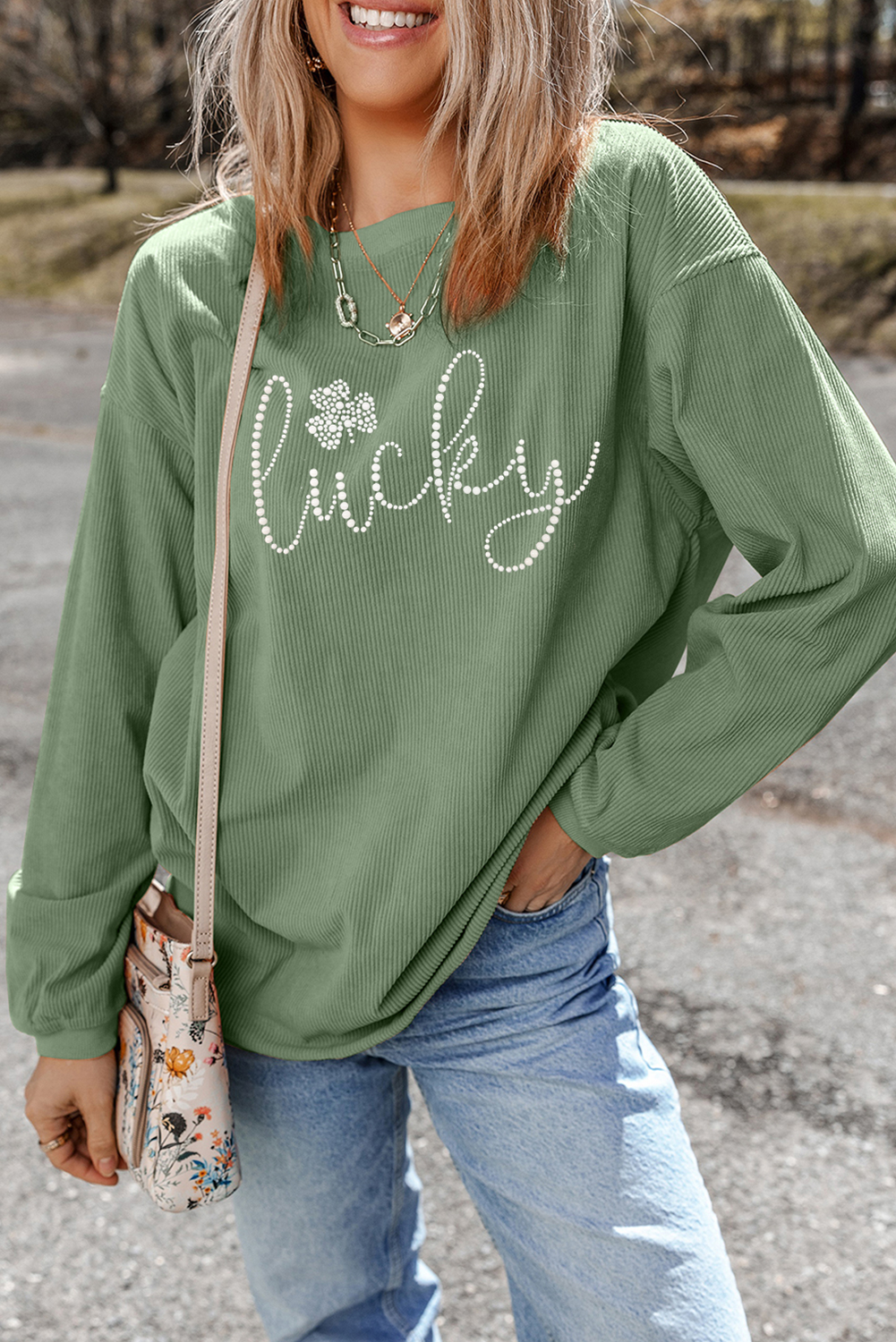 Grass Green Rhinestone lucky Clover Graphic Ribbed St Patrick Sweatshirt - Aaria Tees Aaria Tees