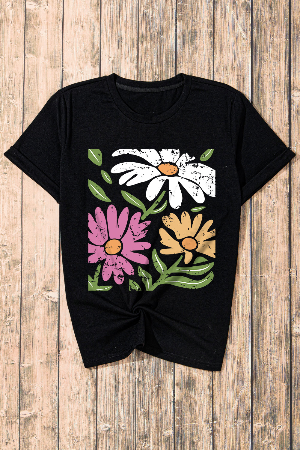 Black Retro Floral Print Crew Neck Casual T Shirt - Aaria Tees Aaria Tees