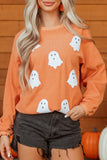 Orange Twisted Ribbed Texture Halloween Ghost Sequin Patched Sweatshirt Aaria Tees
