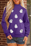 Tillandsia Purple Halloween Sequined Ghost Print Mock Neck Graphic Sweatshirt Aaria Tees