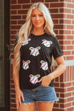 Black Shimmering Sequin Bow Ball Patterned Game Day Casual Tee Aaria Tees