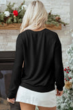 Blackish Green Twisted Rib Outlined Merry Letter Graphic Loose Long Sleeve Top Aaria Tees