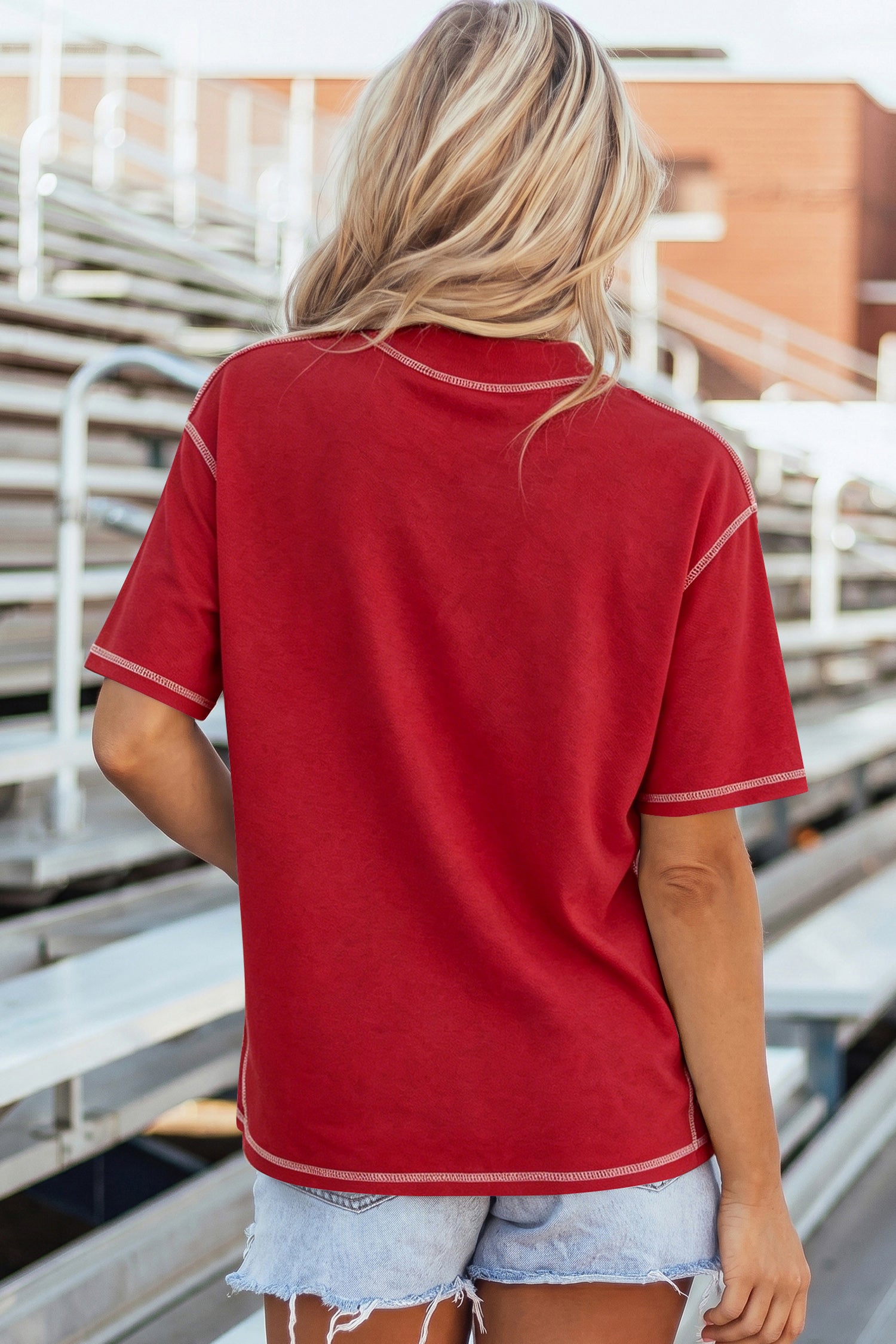 Racing Red Shiny Game Day Lettering Contrast Seam Detail Graphic Tee - Aaria Tees Aaria Tees
