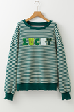 Green Stripe Chenille LUCKY Patched Pattern St Patrick Long Sleeve Top Aaria Tees