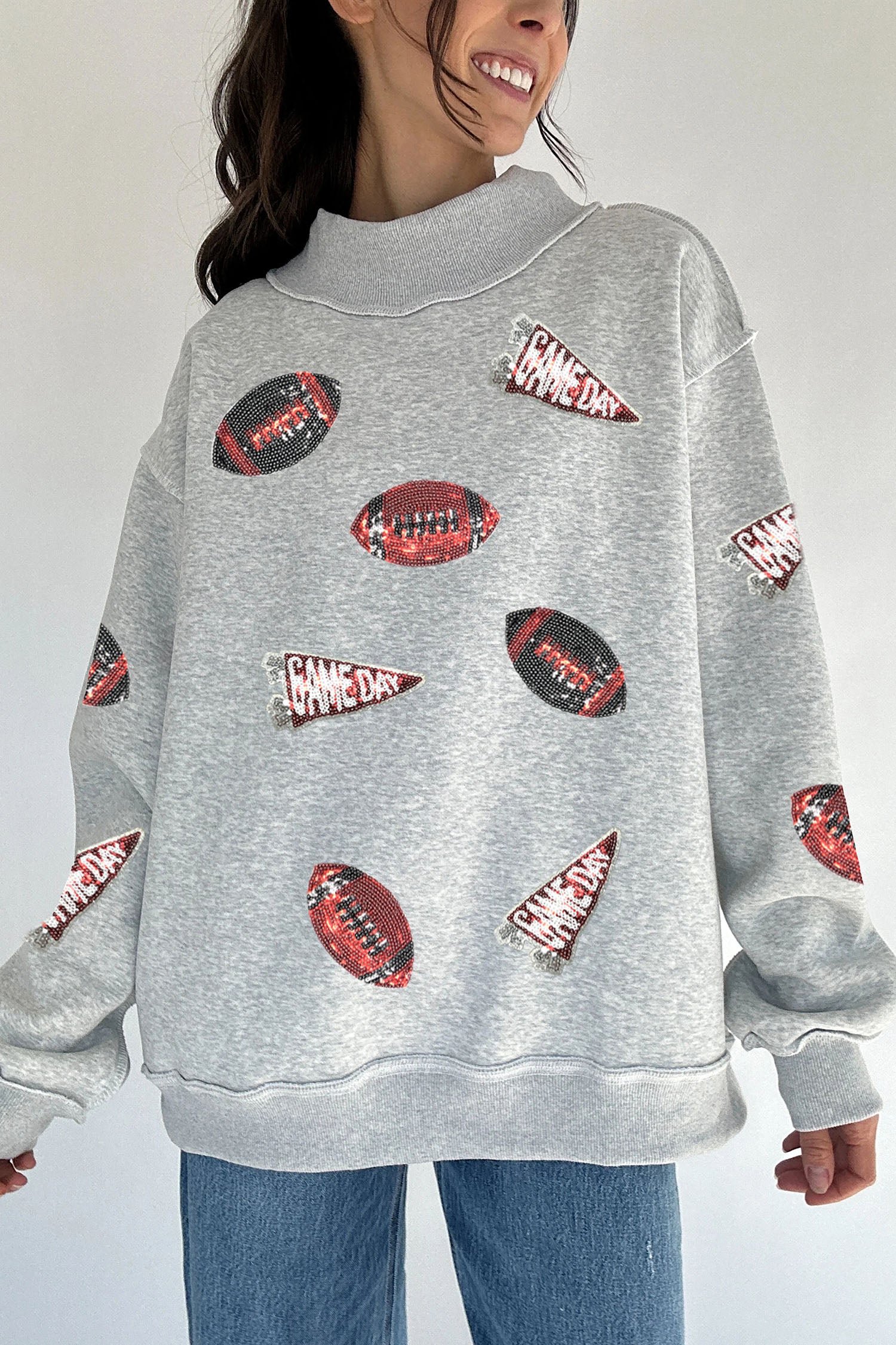 Light Grey Sequin Rugby Game Day High Neck Baggy Sweatshirt - Aaria Tees Aaria Tees