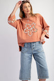 Beige Flower Patch Graphic Exposed Seam Wide Sleeve Top - Aaria Tees Aaria Tees
