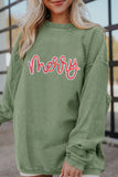 Grass Green Sequined merry Letter Graphic Twisted Ribbed Baggy Sweatshirt Aaria Tees