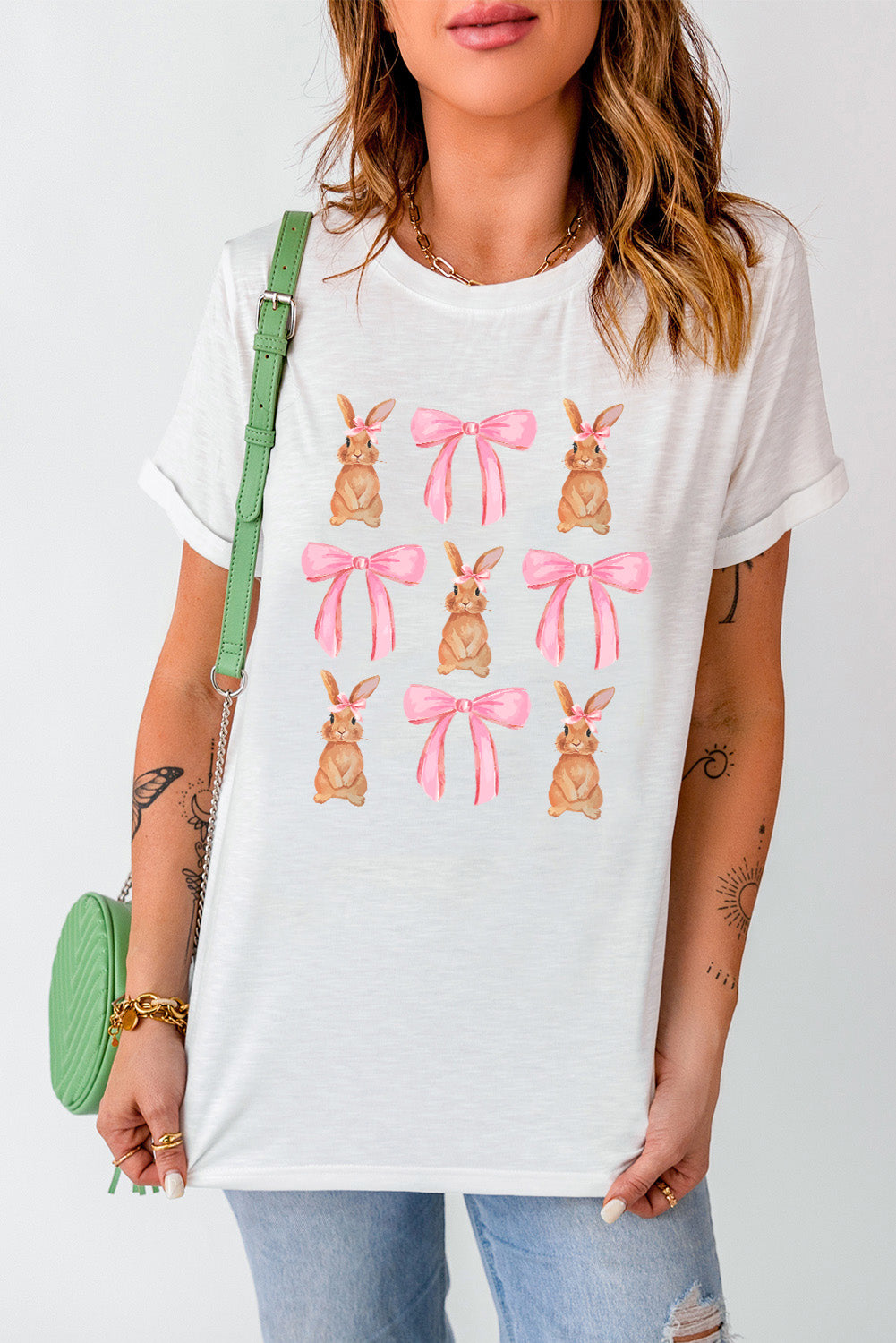 White Rabbit Bow Knot Print Crew Neck T Shirt - Aaria Tees Aaria Tees