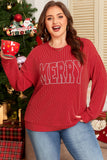 Fiery Red Twist Ribbed MERRY Letter Graphic Plus Size Pullover Aaria Tees