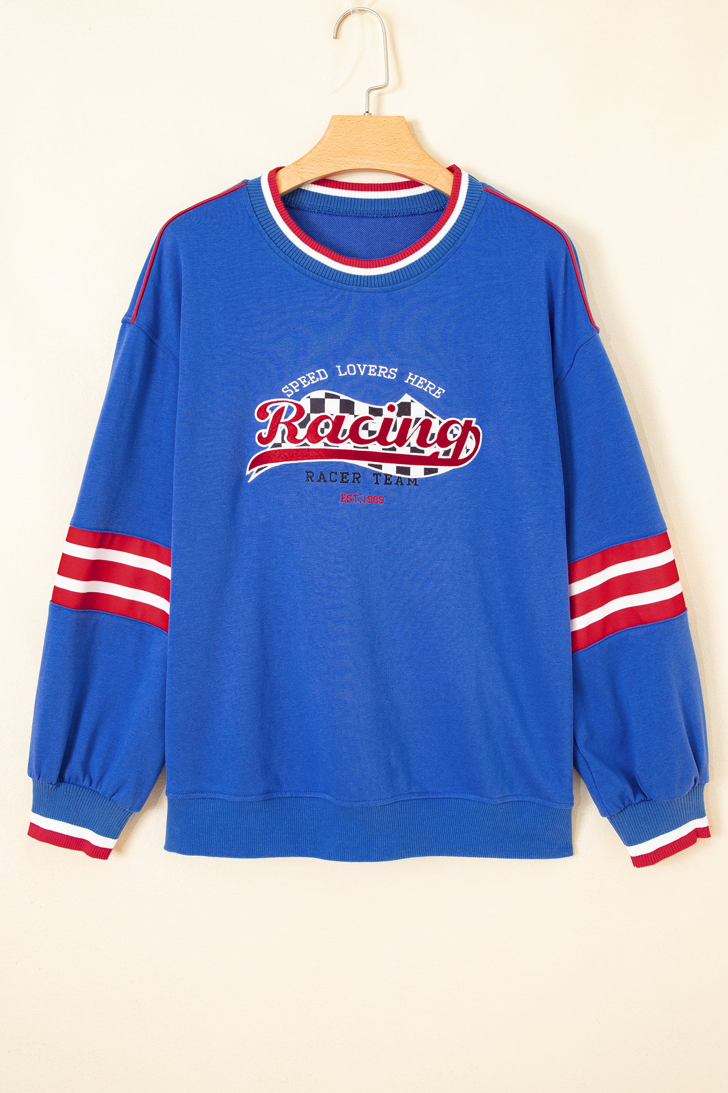 Sky Blue Abstract Racing Graphic Embroidered Patchwork Long Sleeve Sweatshirt - Aaria Tees Aaria Tees