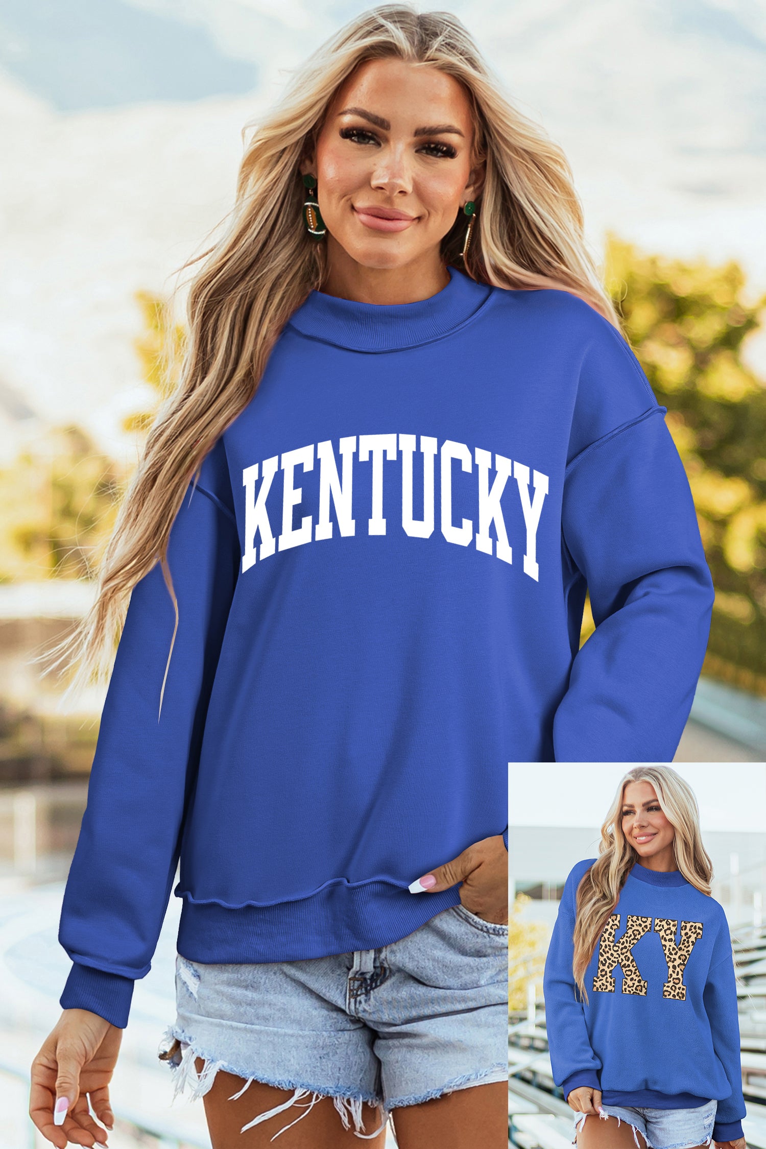 Dark Blue KENTUCKY Leopard KY Letter Print Reversible High Neck Sweatshirt - Aaria Tees Aaria Tees