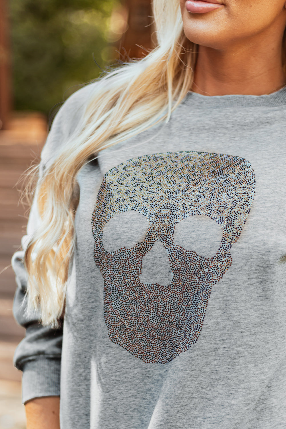 Light Grey Rhinestone Skull Graphic Drop Shoulder Sweatshirt - Aaria Tees Aaria Tees