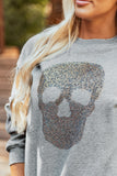 Light Grey Rhinestone Skull Graphic Drop Shoulder Sweatshirt - Aaria Tees Aaria Tees