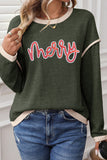 Four Leaf Clover Merry Patched Graphic Contrast Trim Christmas Knitted Long Sleeve Top Aaria Tees