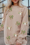 Apricot Twisted Rib Sequin Patched Mallard Bow Pattern Oversized Sweatshirt - Aaria Tees Aaria Tees