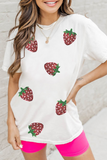 White Sequin Strawberry Patched Crew Neck T Shirt Aaria Tees