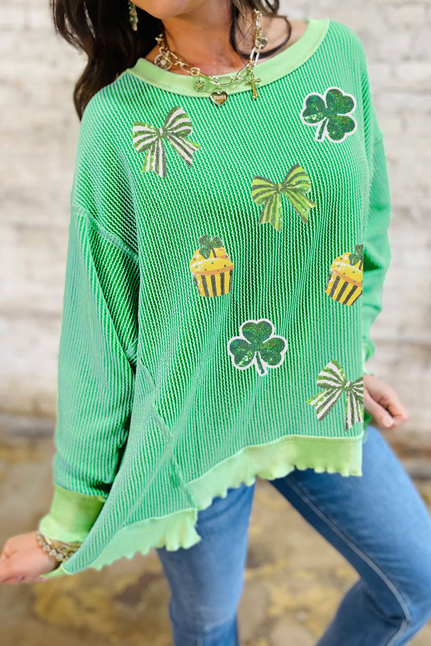Bright Green Twisted Rib St Patricks Day Sequin Patch Graphic Long Sleeve Top - Aaria Tees Aaria Tees