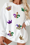 White Sequin Mardi Gras Symbol Crown Mask Patched Corded Sweatshirt - Aaria Tees Aaria Tees