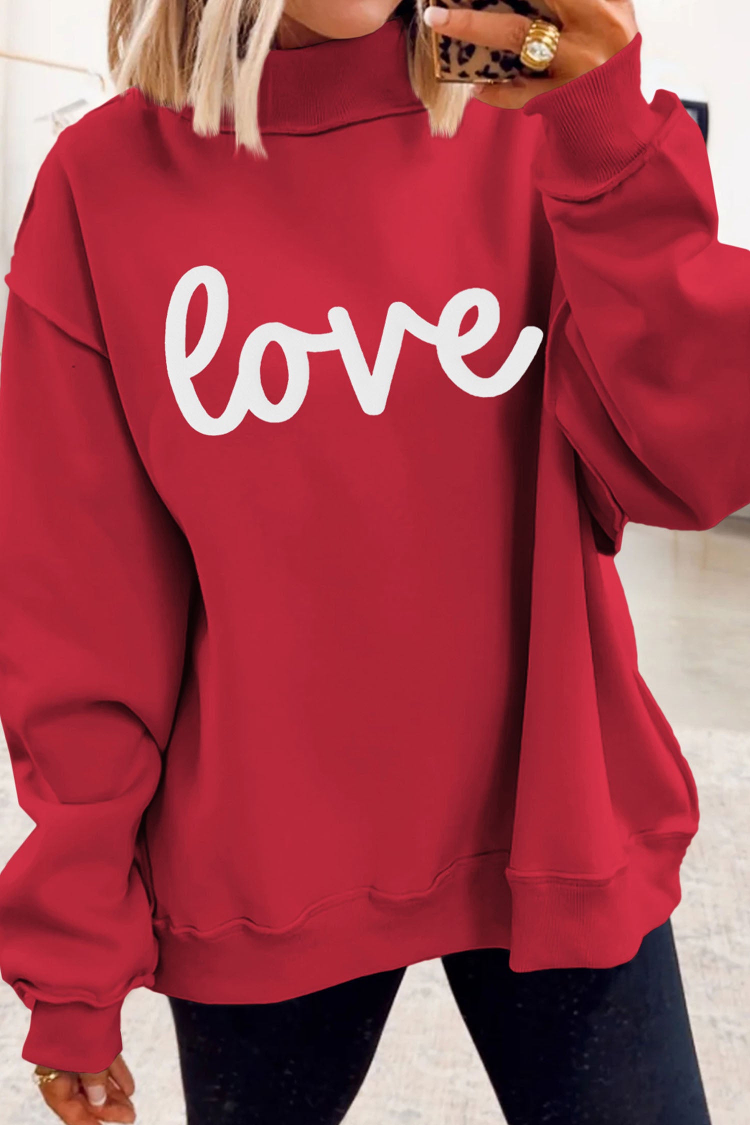 Racing Red Valentines Day Heart Love Script Reversible Printed Double Wear Mock Neck Sweatshirt - Aaria Tees Aaria Tees