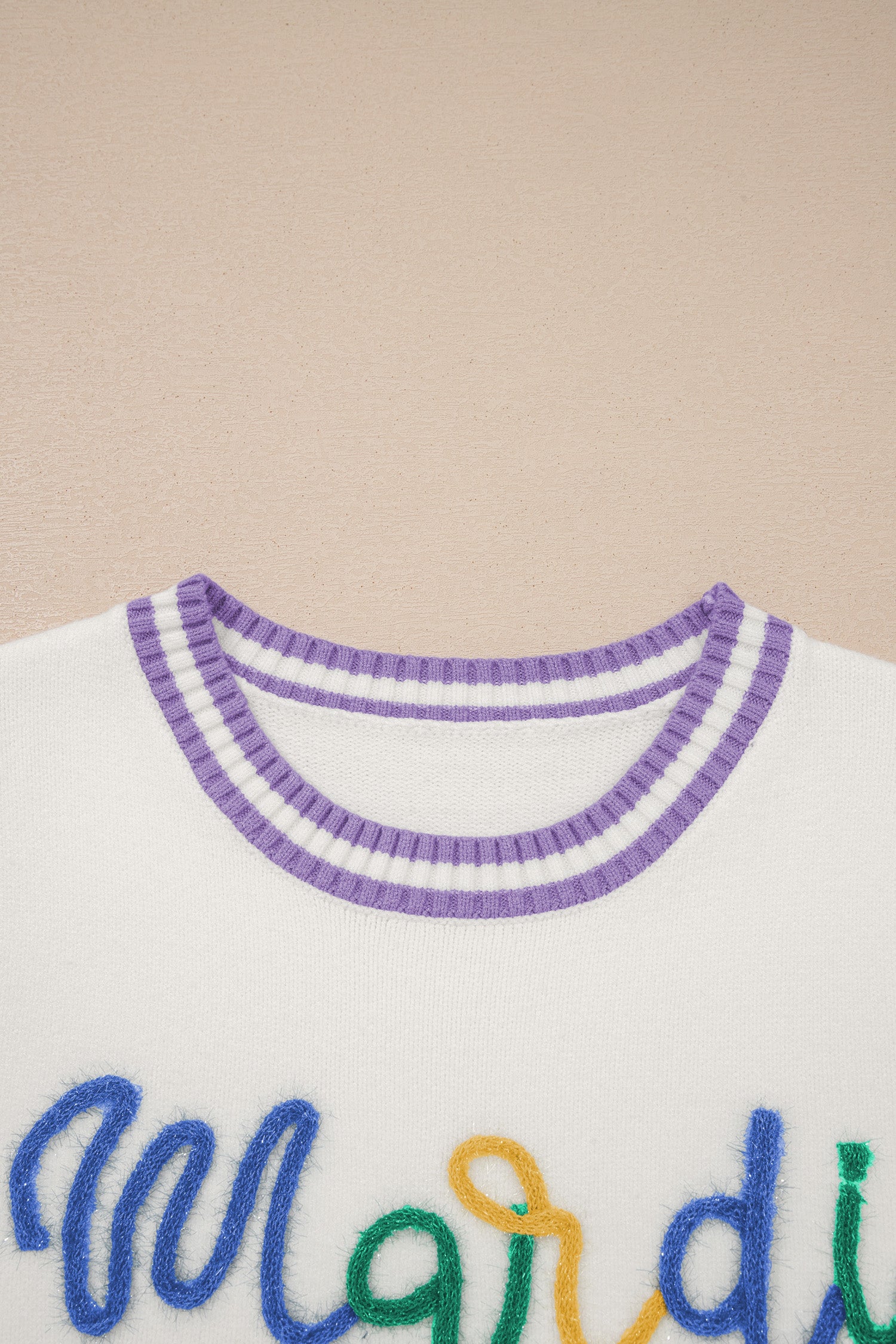 White Mardi Gras Tinsel Letter Graphic Short Sleeve Sweater - Aaria Tees Aaria Tees