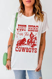 White JUST HERE For THE COWBOY Cuffed Sleeve Crew Neck T Shirt - Aaria Tees Aaria Tees