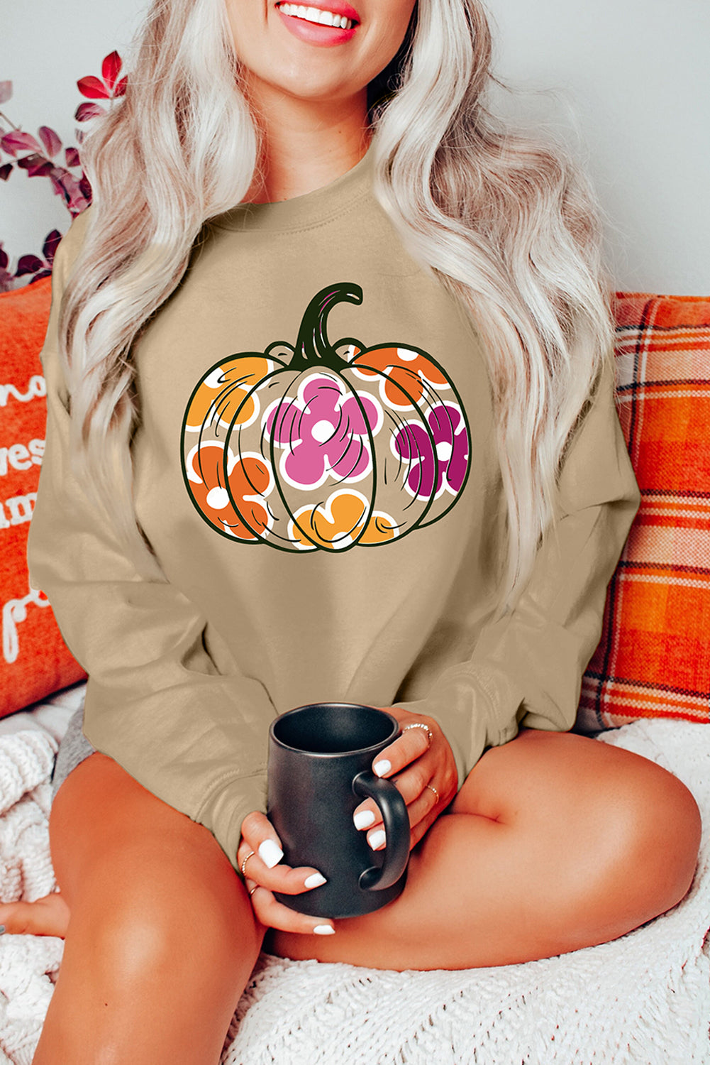 Khaki Halloween Floral Pumpkin Graphic Drop Shoulder Sweatshirt - Aaria Tees Aaria Tees