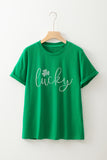Bright Green Ceramic Rhinestone Lucky Clover Graphic Tee Aaria Tees