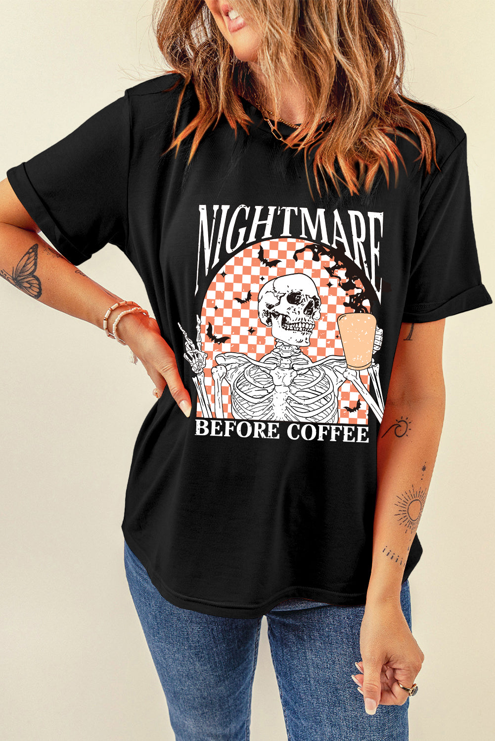 Black Nightmare Before Coffee Skull Checkerboard Graphic Halloween Tee - Aaria Tees Aaria Tees