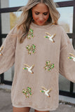 Apricot Twisted Rib Sequin Patched Mallard Bow Pattern Oversized Sweatshirt - Aaria Tees Aaria Tees