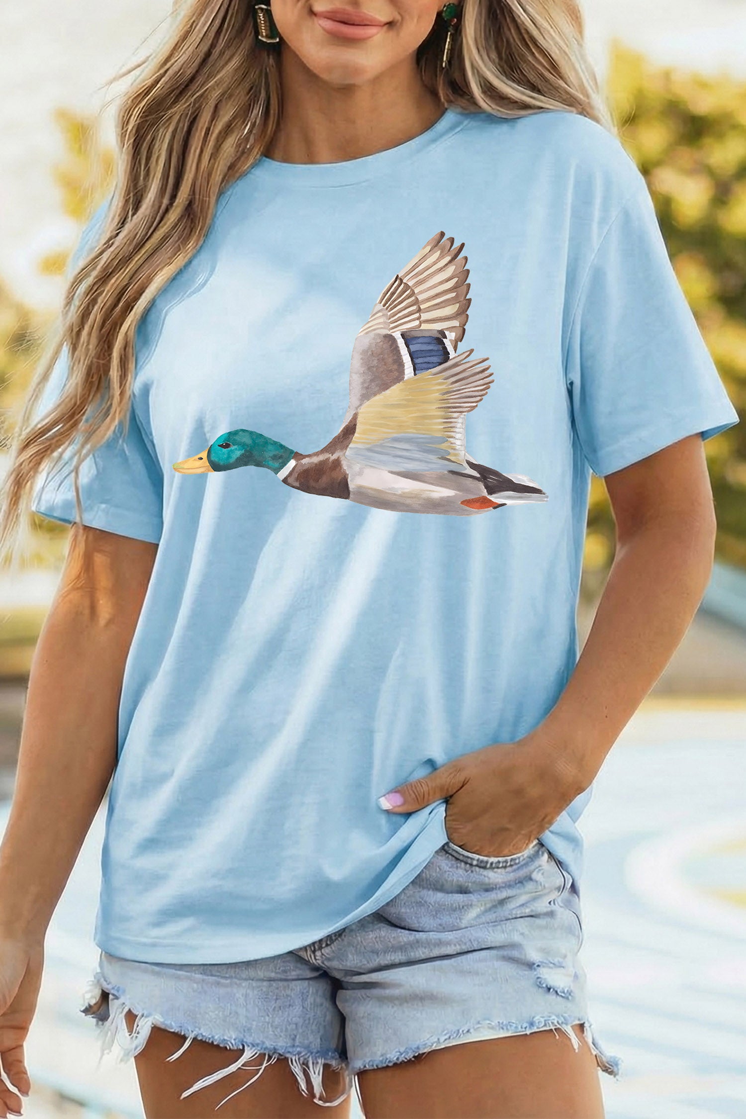 Light Blue Flying Mallard Print Western Graphic Tee - Aaria Tees Aaria Tees