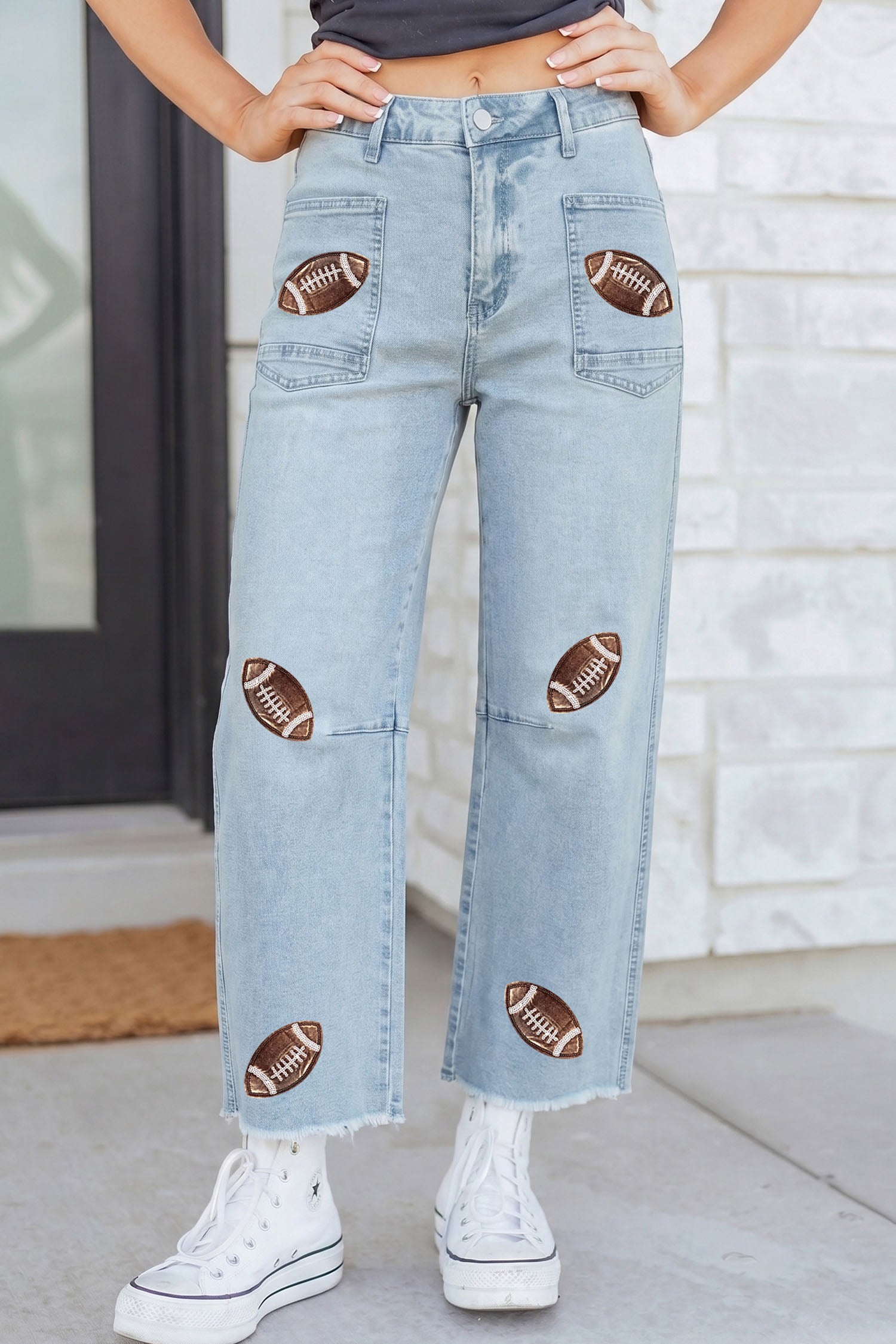 Beau Blue Sequin Detail Patched Rugby Pattern Raw Hem Shift Jeans - Aaria Tees Aaria Tees