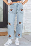 Beau Blue Sequin Detail Patched Rugby Pattern Raw Hem Shift Jeans - Aaria Tees Aaria Tees