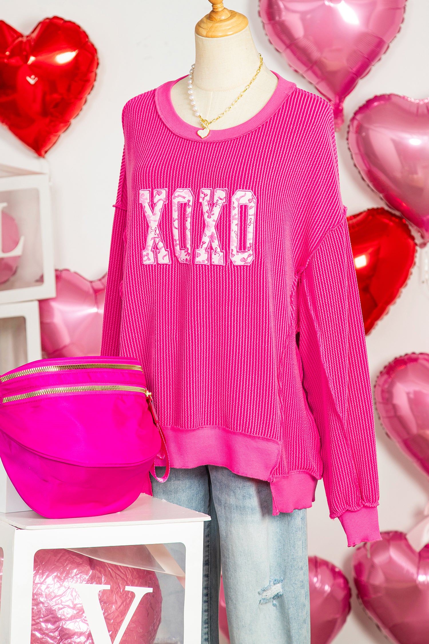 Strawberry Pink Twisted Ribbed Long Sleeve XOXO Bow Print Embroidered Patch Graphic Top - Aaria Tees Aaria Tees