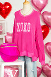 Strawberry Pink Twisted Ribbed Long Sleeve XOXO Bow Print Embroidered Patch Graphic Top - Aaria Tees Aaria Tees