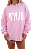 Pink Polka Dot Letter Print Mock Neck Pullover Sweatshirt Aaria Tees