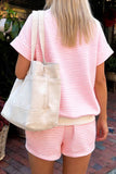 Pink Stripe Contrast Trim High Neck Short Sleeve LAKE WEEKEND 2pcs Short Set Aaria Tees