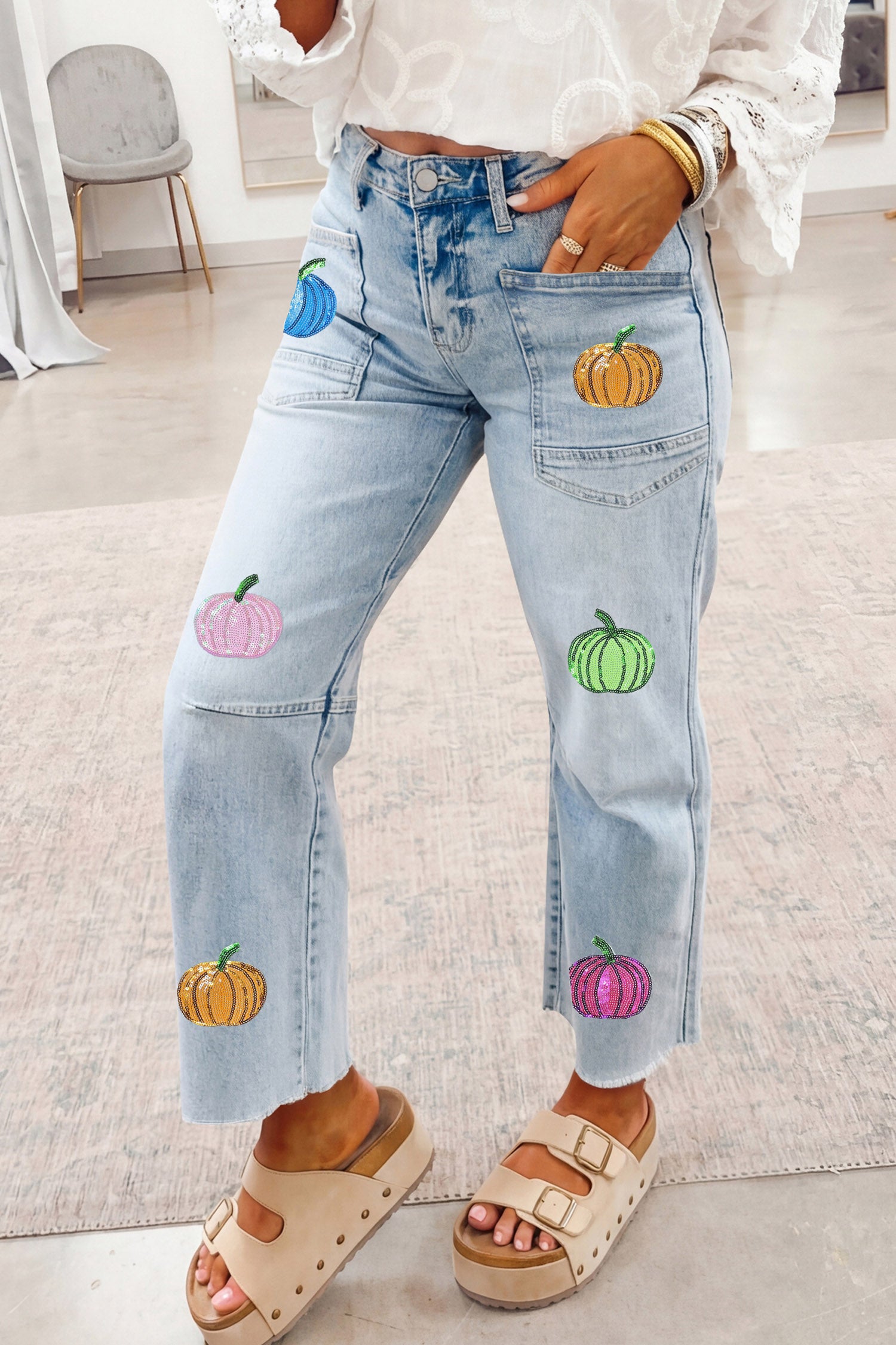 Beau Blue Sequin Pumpkin Patched Graphic Casual Shift Jeans - Aaria Tees Aaria Tees