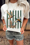 White Western Mallard Stripes Printed Graphic Round Neck Casual Tee Aaria Tees
