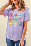 Orchid Petal Vibrant Seashell Printed Beach Vacation Casual T Shirt Aaria Tees