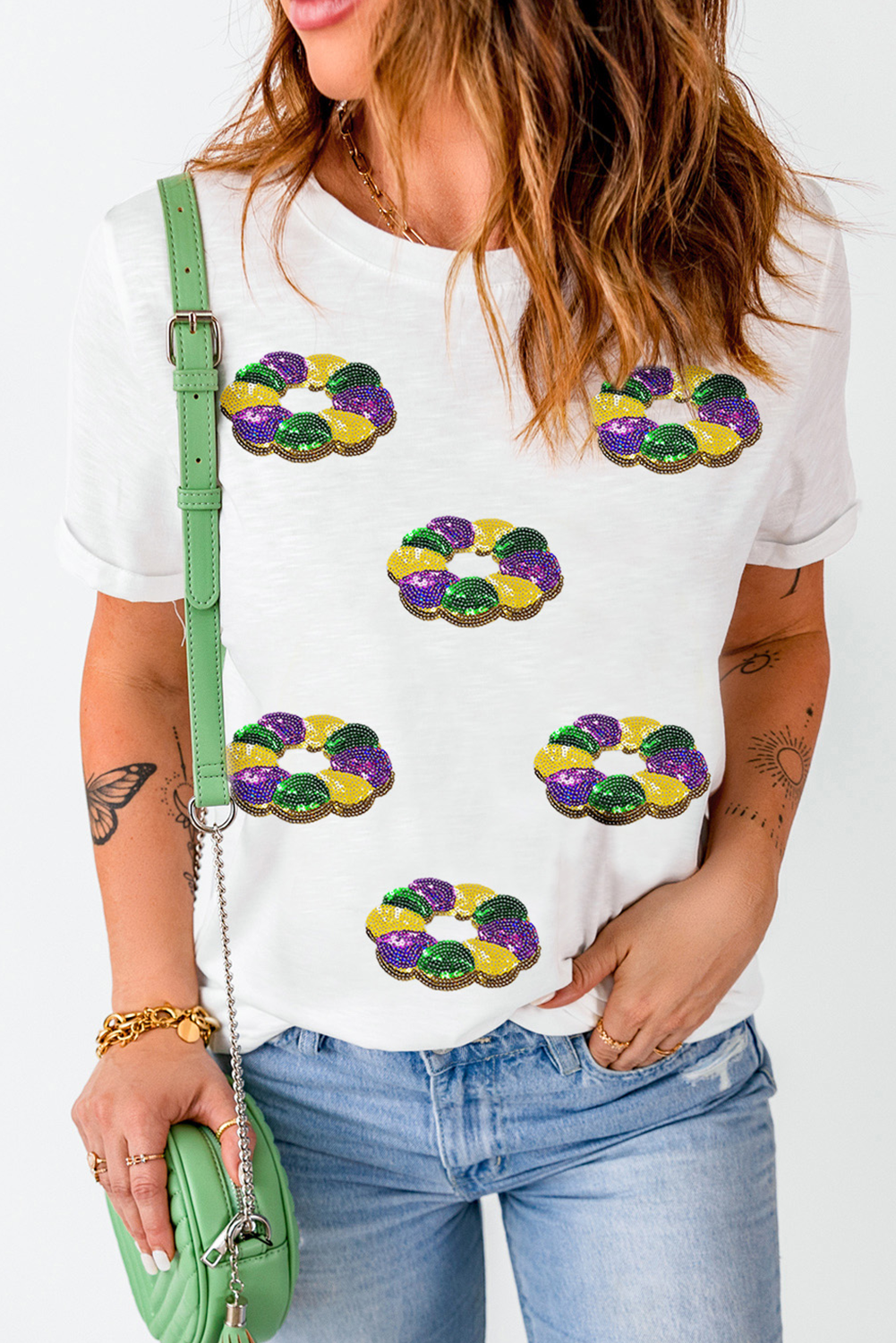 White Sequined Mardi Gras Pattern Crew Neck Short Sleeve Top - Aaria Tees Aaria Tees