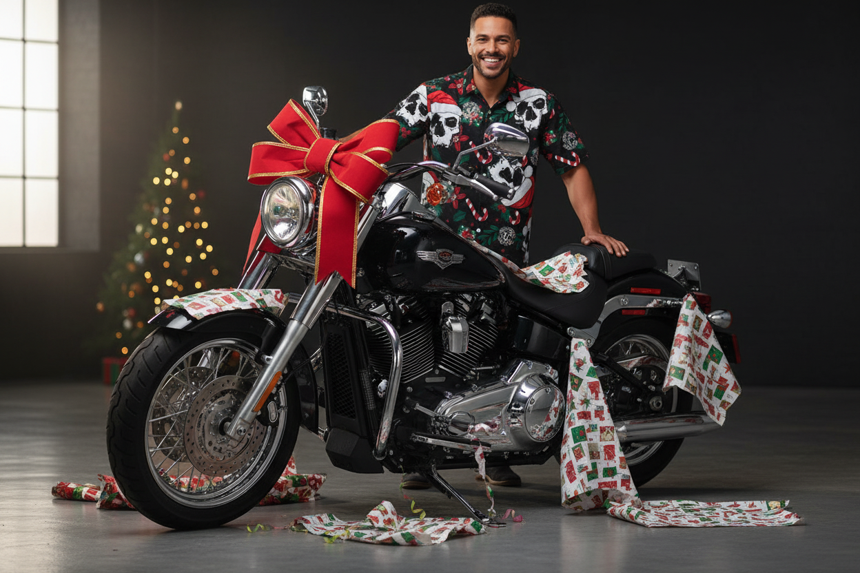 Christmas Skull Men's Hawaiian Shirt | Holiday Biker Style - Aaria Tees Aaria Tees
