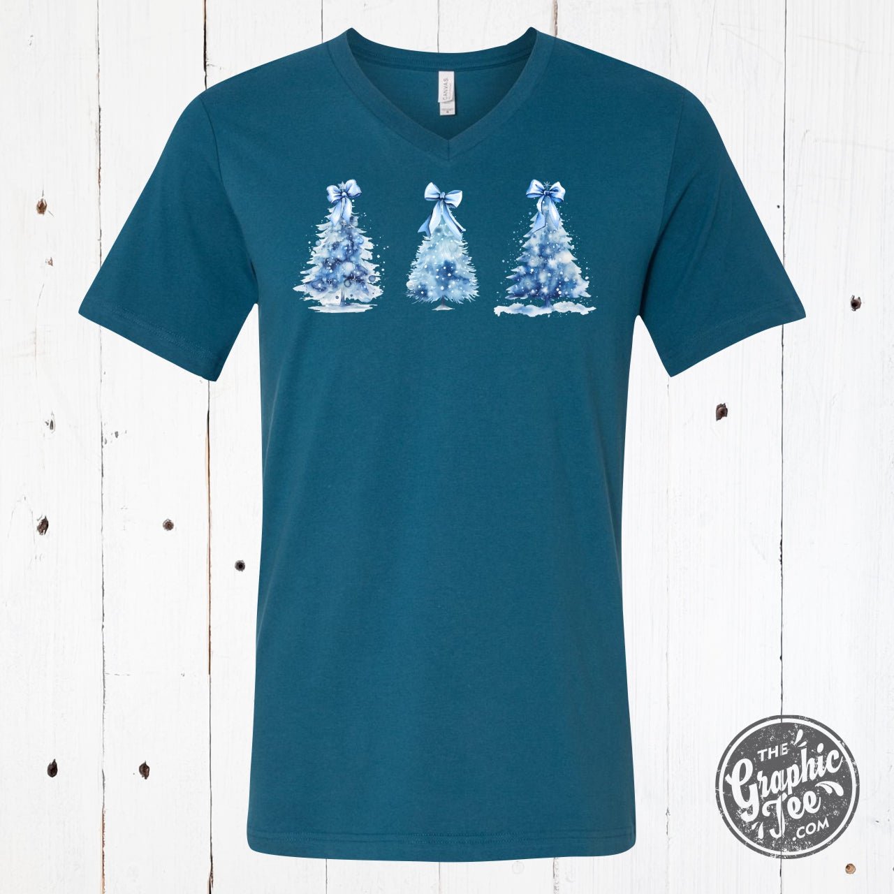 Christmas Tree Sparkling Bow Deep Teal V Neck Short Sleeve Tee - Aaria Tees Aaria Tees