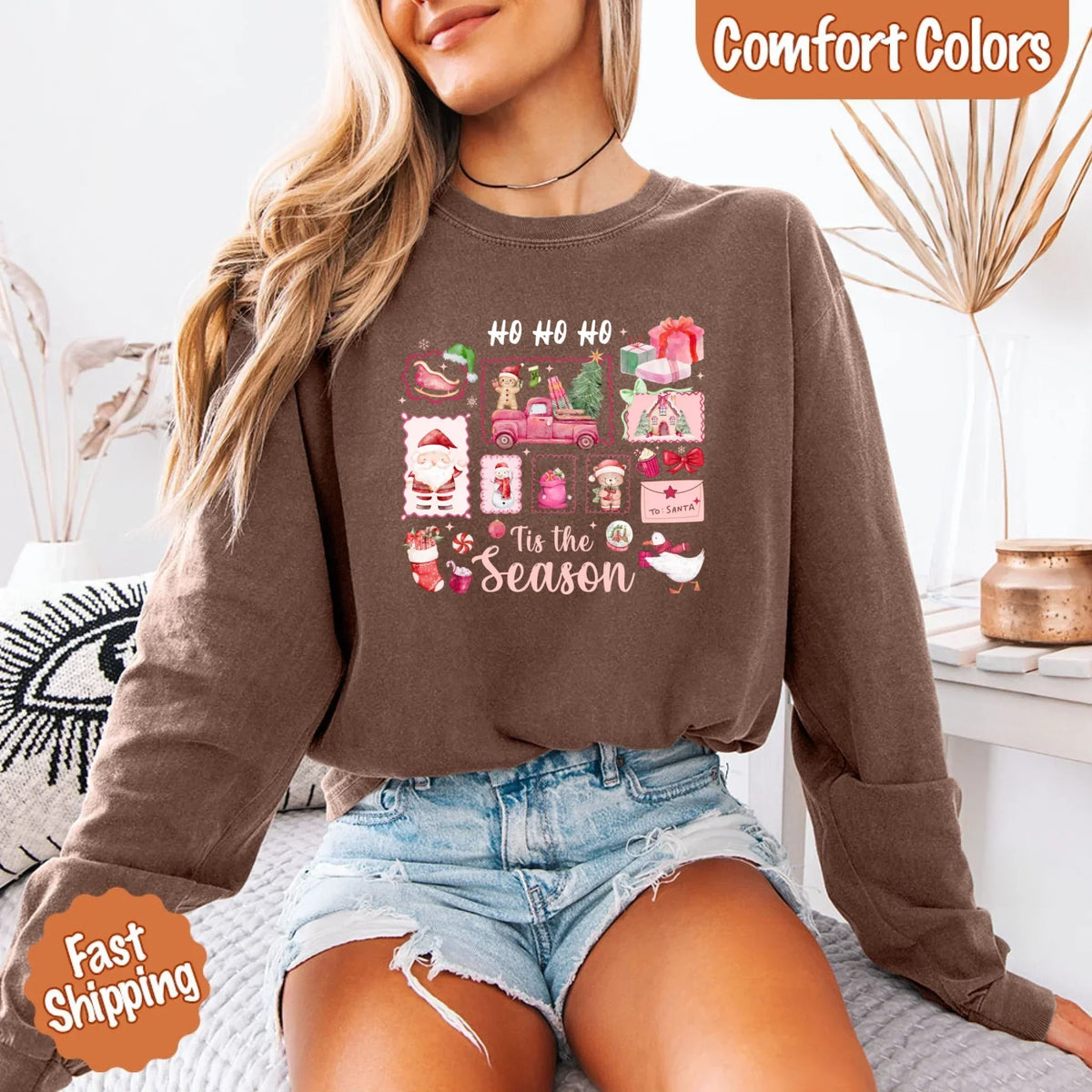 Comfort Colors Long Sleeve Ho Ho Ho Tis The Season Christmas Shirt - Aaria Tees